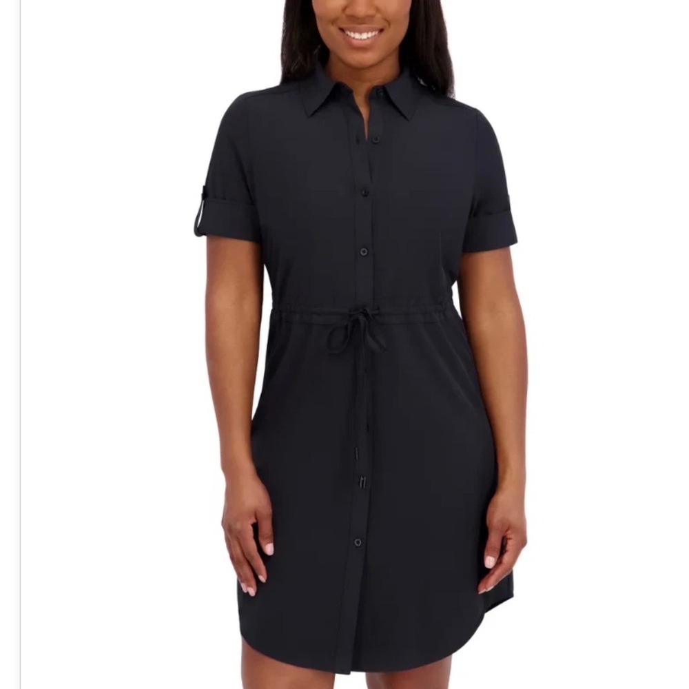 Halston Womens Black Short Sleeve Button Down Drawstring Shirt Dress XXL Casual